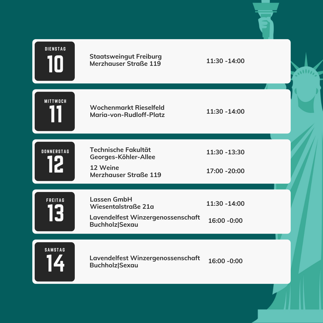 Foodtrucka Freiburg Mittagstisch Wochen Fahrplan Frachtgut: Dienstag Staatsweingut 11:30 - 14:00 Uhr, Mittwoch Rieselfeld 11:30 - 14:00 Uhr, Donnerstag Technische Fakultät 11:30-13:30, Freitag Lassen GmbH 11:30-14:00 Uhr